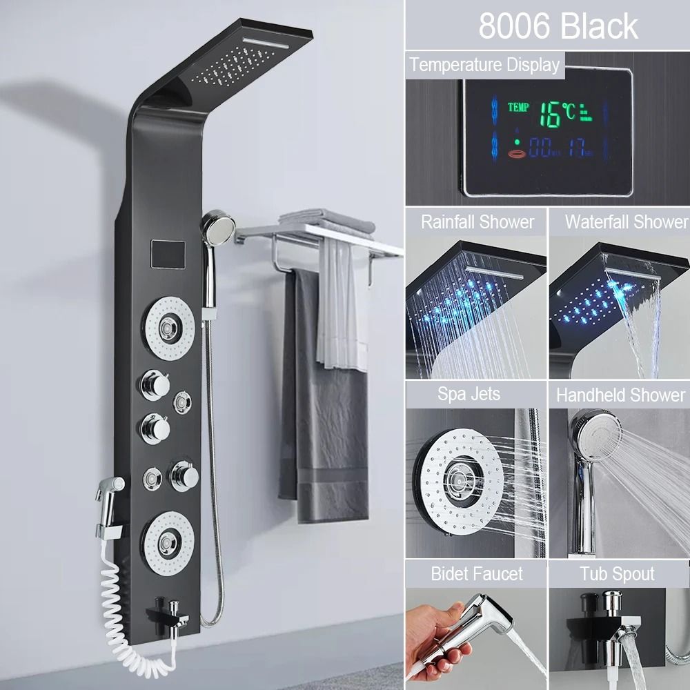 Black LED Light Shower Panel System - Modern Waterfall SPA Massage Column