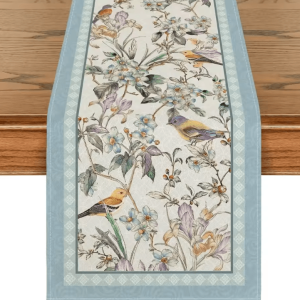 Blue Birds Floral Linen Table Runner - Elegant Spring Blossom Farmhouse Table Decor