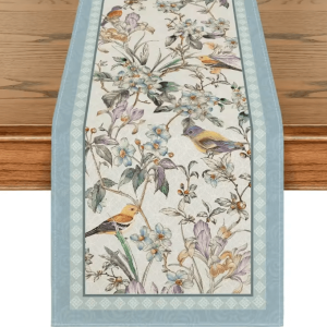 Blue Birds & Blossom Linen Table Runner - Elegant Spring Dining Decor