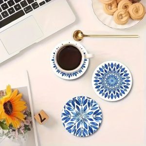 Blue Celadon Theme Wooden Coasters | 6pc Ceramic-Aesthetic Desk Mats | Desktop Insulating Coffee Cup Decor