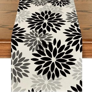 Blue Dahlia Floral Linen Table Runner Decor