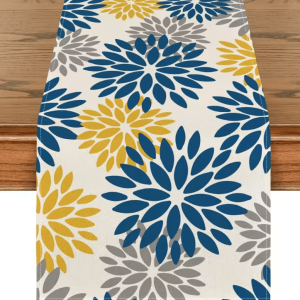 Blue Dahlia Floral Linen Table Runner - Elegant Spring Summer Farmhouse Table Decor