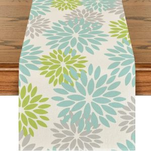 Blue Dahlia Floral Summer Table Runner | Seasonal Spring Linen Dresser Scarf