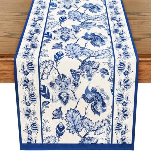 Blue Floral Linen Table Runner Farmhouse Dining Decor