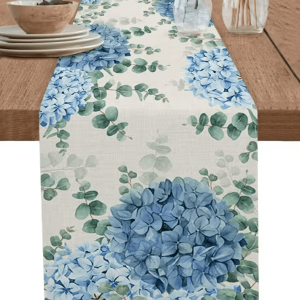 Blue Hydrangea Eucalyptus Linen Table Runner - Elegant hydrangea table runner for Farmhouse & Wedding Decor