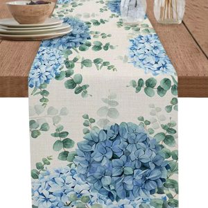 Blue Hydrangea Eucalyptus Linen Table Runner Farmhouse Floral Dining Decor