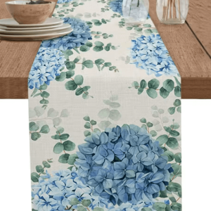 Blue Hydrangea & Eucalyptus Table Runner - Elegant Floral Farmhouse & Wedding Decor