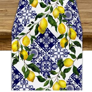 Blue Tile Lemon Linen Table Runner | Summer Floral Dresser Scarf for Holiday Party & Mediterranean Home Decor
