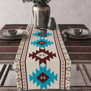 Boho Aztec Table Runner for Dining Tables - Geometric Linen Table Decor
