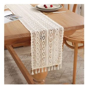 Boho Beige Macrame Table Runner with Crochet Lace & Tassels for Farmhouse Decor