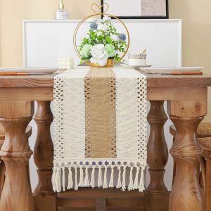 Boho Farmhouse Linen Table Runner with Tassels - Rustic Macrame Burlap Cotton Blend Table Decor