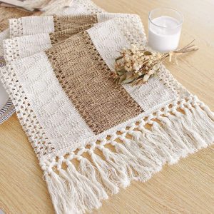 Boho Farmhouse Linen Table Runner with Tassels for Rustic Home Decor