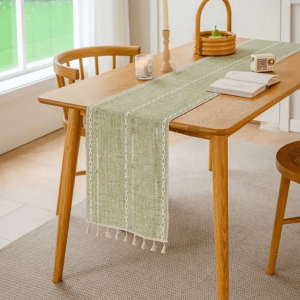 Boho Green Table Runner with Tassels - Rustic Cotton Linen Farmhouse Dining Decor