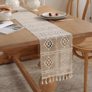 Boho Macrame Beige Table Runner with Tassels - Vintage Farmhouse Crochet Table Decor