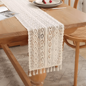 Boho Macrame Crochet Table Runner Vintage Farmhouse Beige Table Decor
