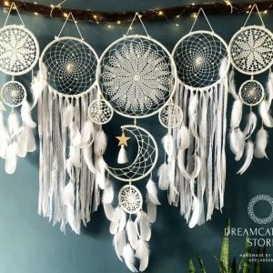 Boho Macrame Dream Catcher Wall Decor Set with Moon Design for Nursery & Home