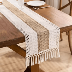 Boho Macrame Table Runner with Tassels - Cream & Brown Farmhouse Linen Table Decor