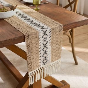 Boho Macrame Table Runner with Tassels Rustic Burlap Farmhouse Decor