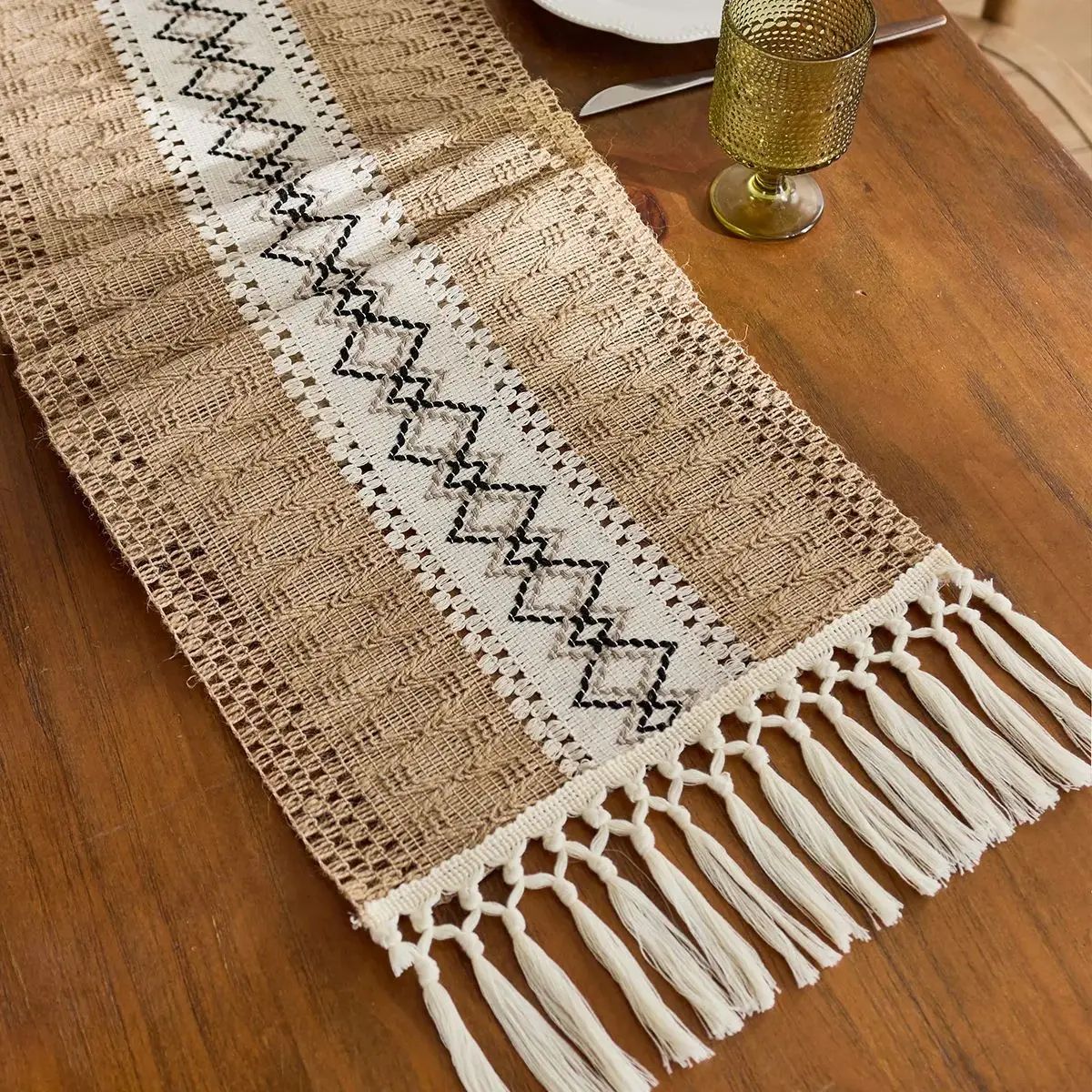 Boho Macrame Table Runner with Tassels - Rustic Burlap Farmhouse Dining Table Decor