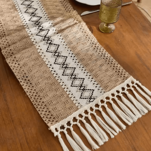 Boho Macrame Table Runner with Tassels - Rustic Farmhouse Burlap Table Decor