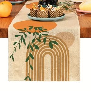 Boho Plant Linen Table Runner for Farmhouse Dining Decor
