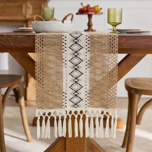 Boho Table Runner with Tassels for Farmhouse Table Decor and Rustic Home Styling