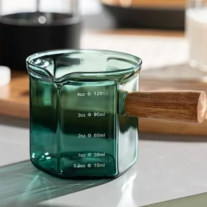 Borosilicate Espresso Measuring Cup with Wooden Handle and Scale Markings