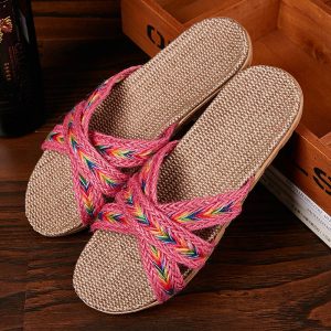 Breathable Women Indoor Slippers, Home Flax Slides Summer Flat Shoes, House Floor Slippers, Lightweight Bedroom Shoes