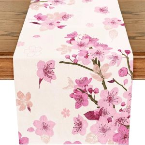 Cherry Blossom Linen Table Runner Spring Farmhouse Wedding Dining Table Decor