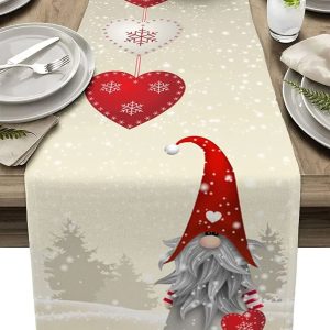 Christmas Gnome Linen Table Runner Snowflake Heart Holiday Farmhouse Dining Decor