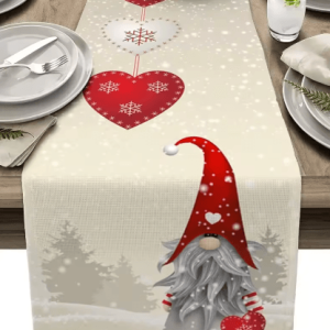 Christmas Gnome Linen Table Runner Snowflake & Heart Holiday Table Decor