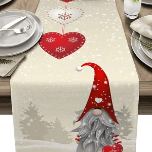Christmas Gnome Snowflake Linen Table Runner - Festive Farmhouse Holiday Table Decor