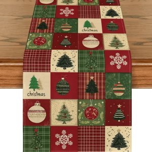 Christmas Plaid Snowflake Linen Table Runner - Festive Winter Dining Table Decor