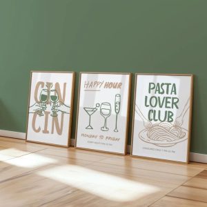 Cin Cin Cheers Wall Art Set Retro Cocktail Kitchen Bar Poster Decor