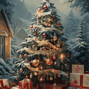 Classic Traditional Christmas Wall Art | Santa Claus & Tree Gift Poster Canvas Painting
