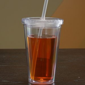 Clear Tumbler with Straw Double Wall Plastic Travel Tea Cup