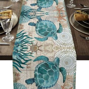 Coastal Sea Turtle Linen Table Runner with Starfish Design for Farmhouse Kitchen Decor