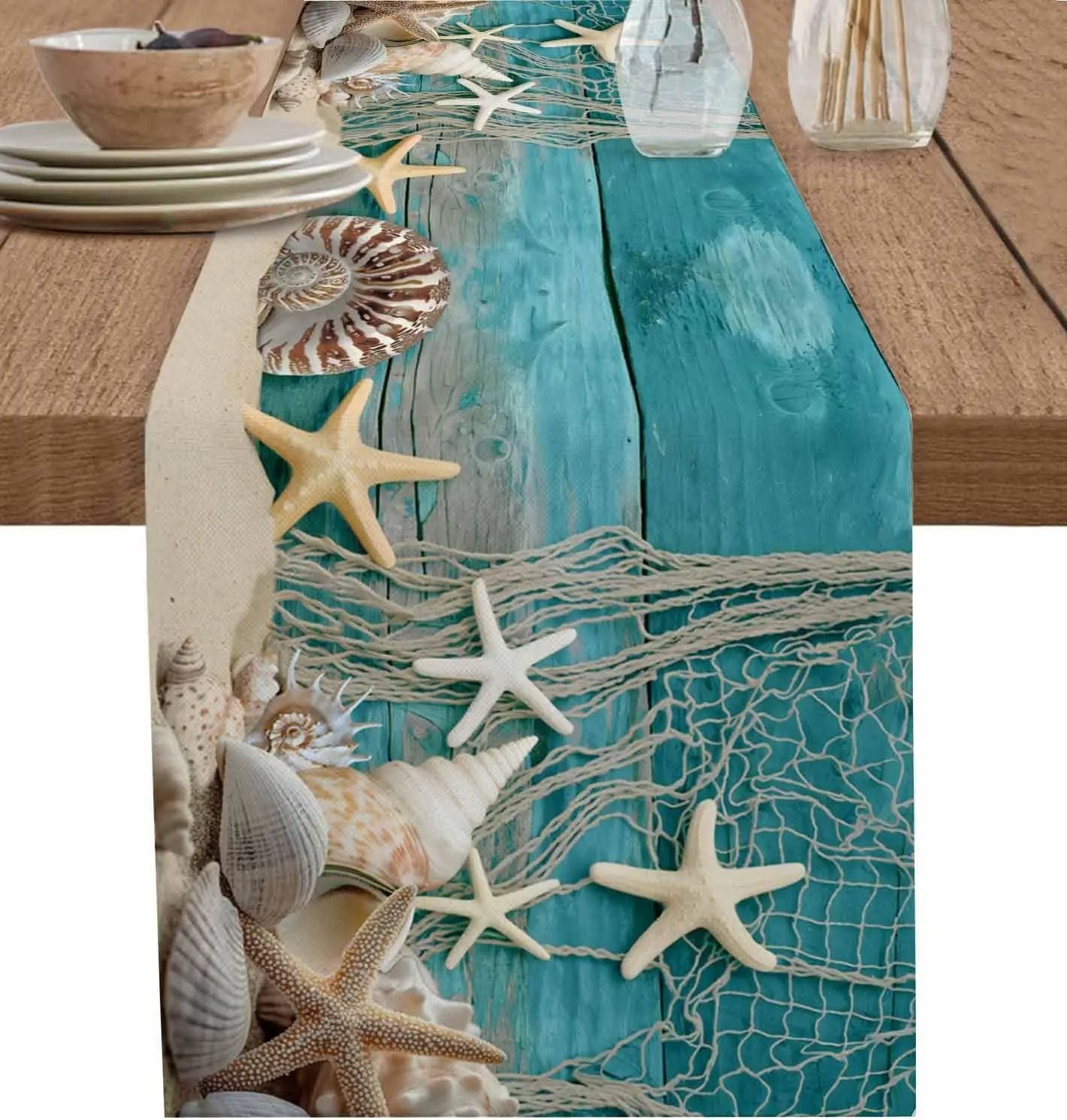 Coastal Starfish Linen Table Runner - Beach Table Runner Summer Ocean Shell Decor