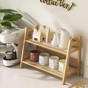 Coffee Station Organizer with Bamboo Mug Holder Kitchen Counter Shelf