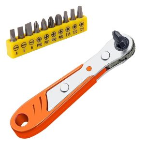Compact Right Angle Ratcheting Screwdriver with Hex Drive Bit Set