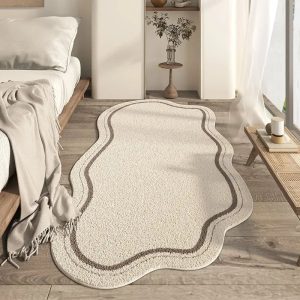Cream Irregular Area Rug for Bedroom and Living Room, Soft Non-Slip Minimalist Accent Mat