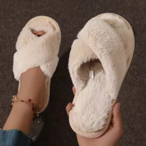 Cross Strap Faux Fur Slippers Women Warm Indoor Plush Slides