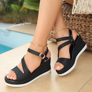 Crystal Ankle-Buckle Wedge Sandals - Elegant Summer Chunky Platform Shoes