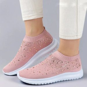 Crystal Breathable Mesh Sneakers - Lightweight Soft Bottom Flats for Women
