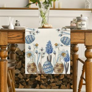 Easter Blue Egg Floral Linen Table Runner Spring Botanical Dining Table Decor