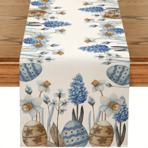Easter Blue Eggs Floral Linen Table Runner Spring Botanical Table Decor