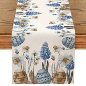 Easter Blue Floral Egg Linen Table Runner - Spring Botanical Farmhouse Table Decor