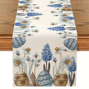 Easter Blue Floral Linen Table Runner - Spring Botanical Table Decor