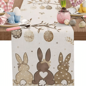 Easter Bunny Eggs Linen Table Runner - Rustic Spring Farmhouse Table Decor