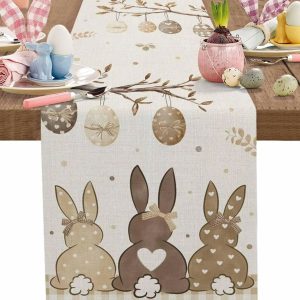Easter Bunny Table Runner Linen Farmhouse Spring Holiday Dining Decor